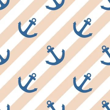 Tile vector pattern with blue anchor on pastel stripes background Stock Illustration
