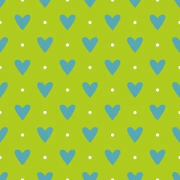 Tile vector pattern with blue hearts and white polka dots on green background Stock Illustration
