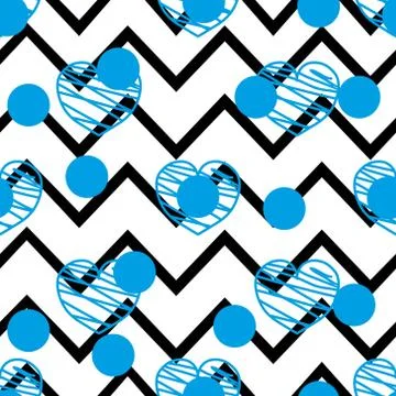 Tile vector pattern with blue hearts on zig zag chevron background Illustrazione stock