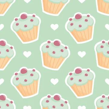 Tile vector pattern with cupcake and hearts on mint green background Illustrazione stock