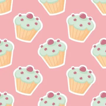 Tile vector pattern with cupcake on pink background Stock Illustration