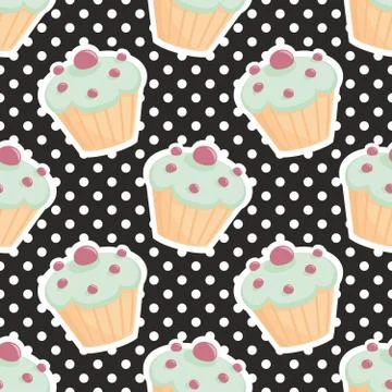 Tile vector pattern with cupcakes and polka dots on black background Stock Illustration