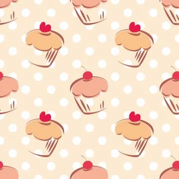 Tile vector pattern with cupcakes white polka dots on pink background Stock Illustration