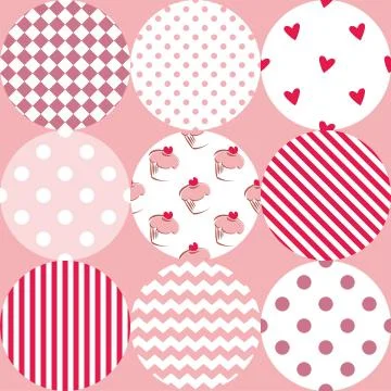 Tile vector pattern with dots, cupcakes and zig zag stripes on pink background 스톡 일러스트