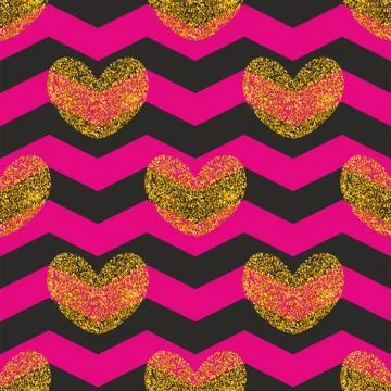 Tile vector pattern with golden hearts and black and pink zig zag background Stock Illustration