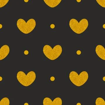 Tile vector pattern with golden hearts and dots on black background Illustrazione stock