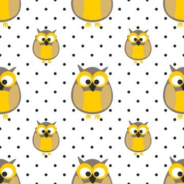 Tile vector pattern with owls and dots on grey background Stock Illustration
