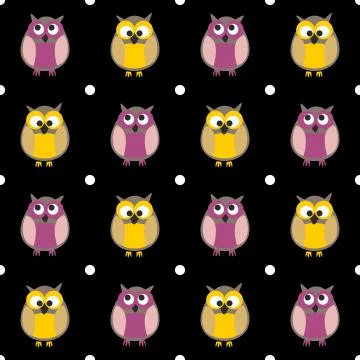 Tile vector pattern with owls and dots on black background Stock Illustration