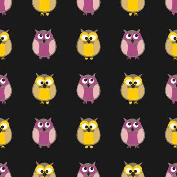 Tile vector pattern with owls on black background Stock Illustration