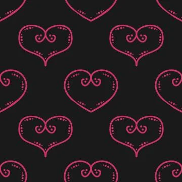 Tile vector pattern with pink hearts on black background Stock Illustration