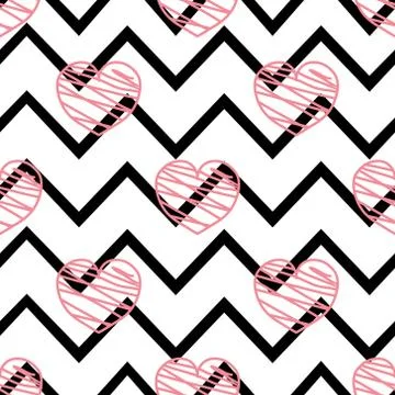 Tile vector pattern with pink hearts on zig zag chevron background Illustrazione stock