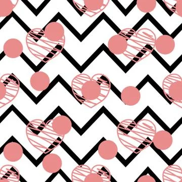 Tile vector pattern with pink hearts on zig zag chevron background eps10 Illustrazione stock