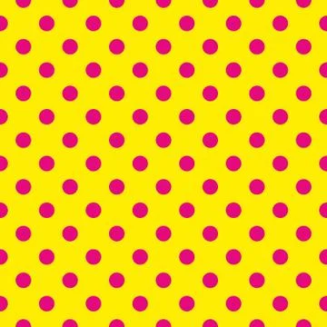 Tile vector pattern with pink polka dots on yellow background Stock Illustration