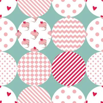 Tile vector pattern with polka dots, plaid and strips on pastel background Stockillustratie