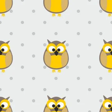 Tile vector pattern with polka dots and owls on grey background 库存插图