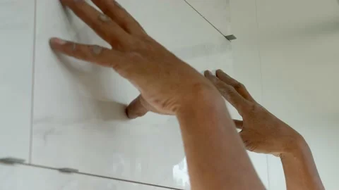 Tile Wall Installment Bathroom Construction Worker Asia 4K Southeast Asia Vídeo Stock 149063656