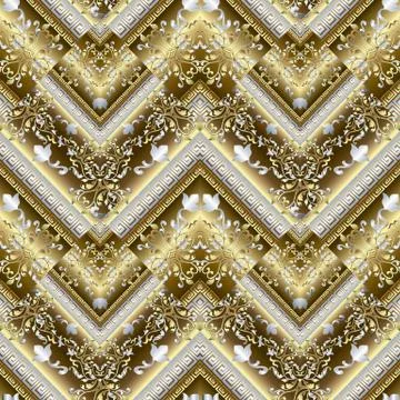 Tiled Baroque vector seamless pattern. Meander greek key floral ornaments. Stock Illustration