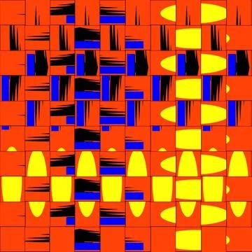 Tiled colored pattern blue, yellow and black abstract decorations on red t... Stock Photos