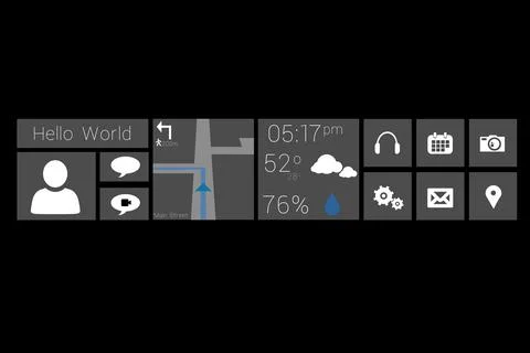 Tiled flat dashboard is displaying panels on black showing profile, chat, map, Stock Photos
