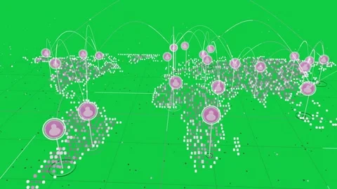 Tiled map sparking pink badges, arcs rising and linking, showing global network, Stock Footage 337127238