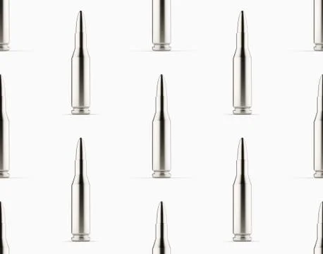 Tiled Pattern of Shiny Silver Rifle Rounds on White Background Stock Illustration
