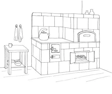 Tiled stove in a corner. Vector illustration in sketch style Stock Illustration