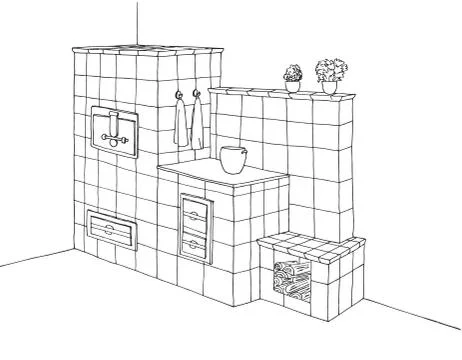 Tiled stove in a corner. Vector illustration Stock Illustration