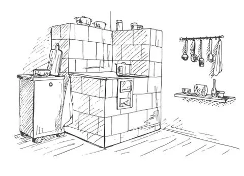 Tiled stove in a corner. Vector illustration of a sketch style. Stock Illustration