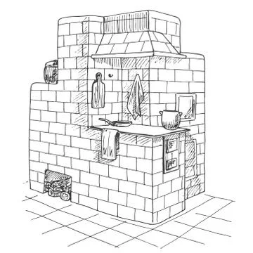 Tiled stove in a corner. Vector illustration of a sketch style. Stock Illustration