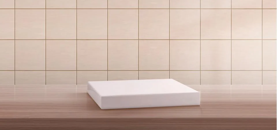 Tiled wall, white soap box on wooden shelf Stock Illustration
