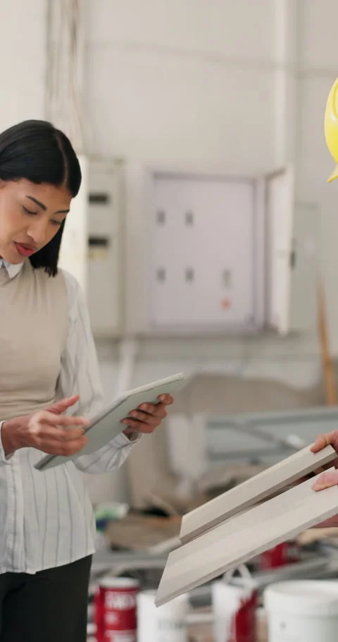 Tiles, interior design and tablet with people on construction site for team Stock Footage 347407360