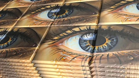 Tiles with Painted Eyes, Background, Unique Design, Reflection, Exclusive Stock Footage 297019974