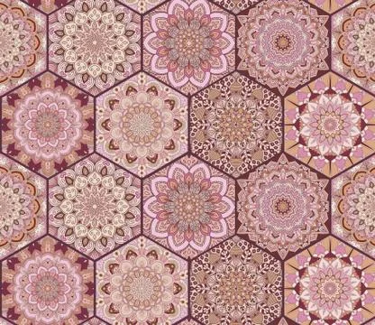 Tiles Pattern Pink Brown Hexagons Stock Illustration