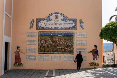Tiles of romantic travelers (viajeros romanticos), Ronda, Andalusia, Spain... Stock Photos