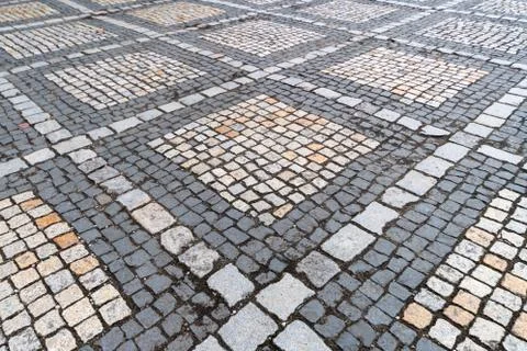 Tiles texture. Pattern of ancient german cobblestone in city downtown. Little 스톡 사진