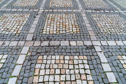 Tiles texture. Pattern of ancient german cobblestone in city downtown. Little Foto stock