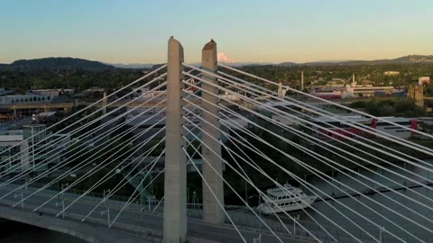 Tilikum Crossing Fly-over with View of Mt. Hood Stock Footage 158184883