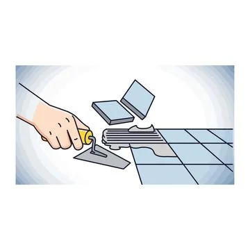 Tiling floor installation process with trowel and tiles with a section of Stock Illustration