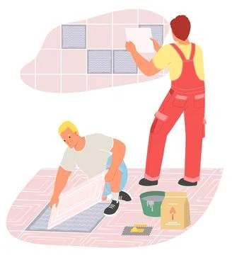 Tiling master team putting floor and wall ceramic tile vector Ilustración de archivo