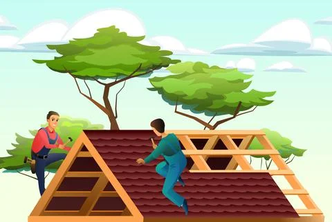 Tiling roofing material. Workers work on roof. Against backdrop of trees and  Stock Illustration