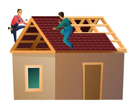 Tiling roofing material. Workers work on roof. Small house and two workers. S Stock Illustration