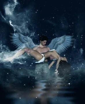 Till death do us part,3d illustration of an Angels in heaven land,Mixed media Illustrazione stock