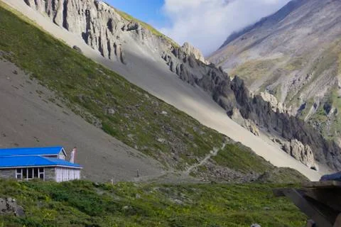 Tillicho Base Camp with trail back to Manang in the background.. Stock Photos