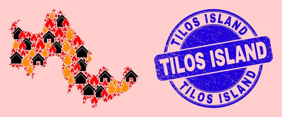 Tilos Island Map Composition of Fire and Realty and Scratched Tilos Island Seal Stock Illustration