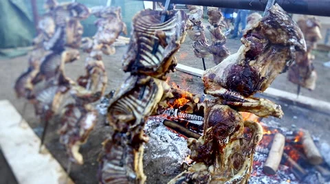 Tilt and shift shot of pork barbecue in Sardinia, Italy. Stock-Footage 41869772