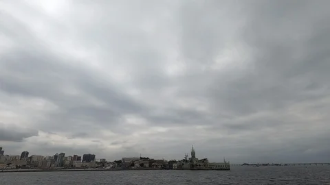 Tilt. Arrival by ferry to Rio de Janeiro. Fiscal Island on the horizon. Stock Footage 126524249