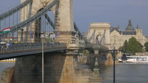 Tilt up from bottom to top of Chain Bridge in Budapest, Hungary Stock Footage 83648587