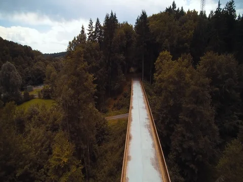 Tilt up of a bridge to the forest with a drone 動画素材 79612268