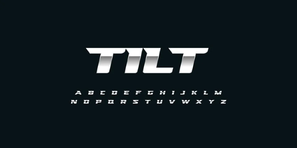 Tilt chrome vector font. Metallic modern letters, polished steel style symbols Stock Illustration