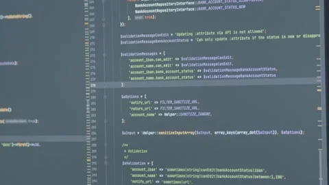 Tilt up of complicated computer code on screen Stock Footage 231101230